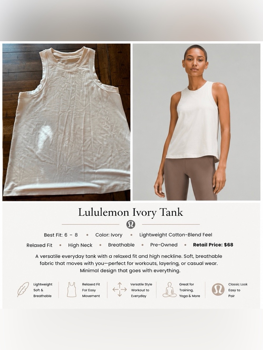 Lululemon Ivory Tank Top Relaxed Fit High Neck Sleeveless Top Best Fit 6-8